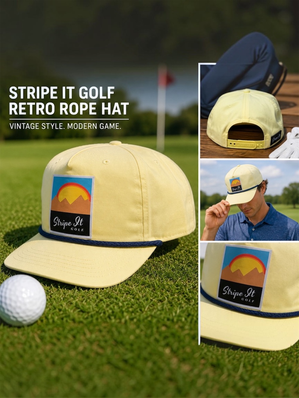 Stripe It Golf Retro Rope Snapback Hat Pale Yellow Grandpa Golf Cap EUC
